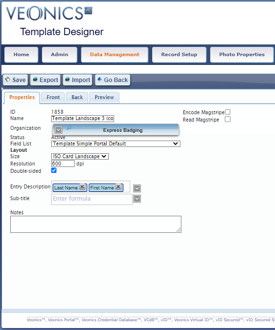 veonics portal template designer Properties